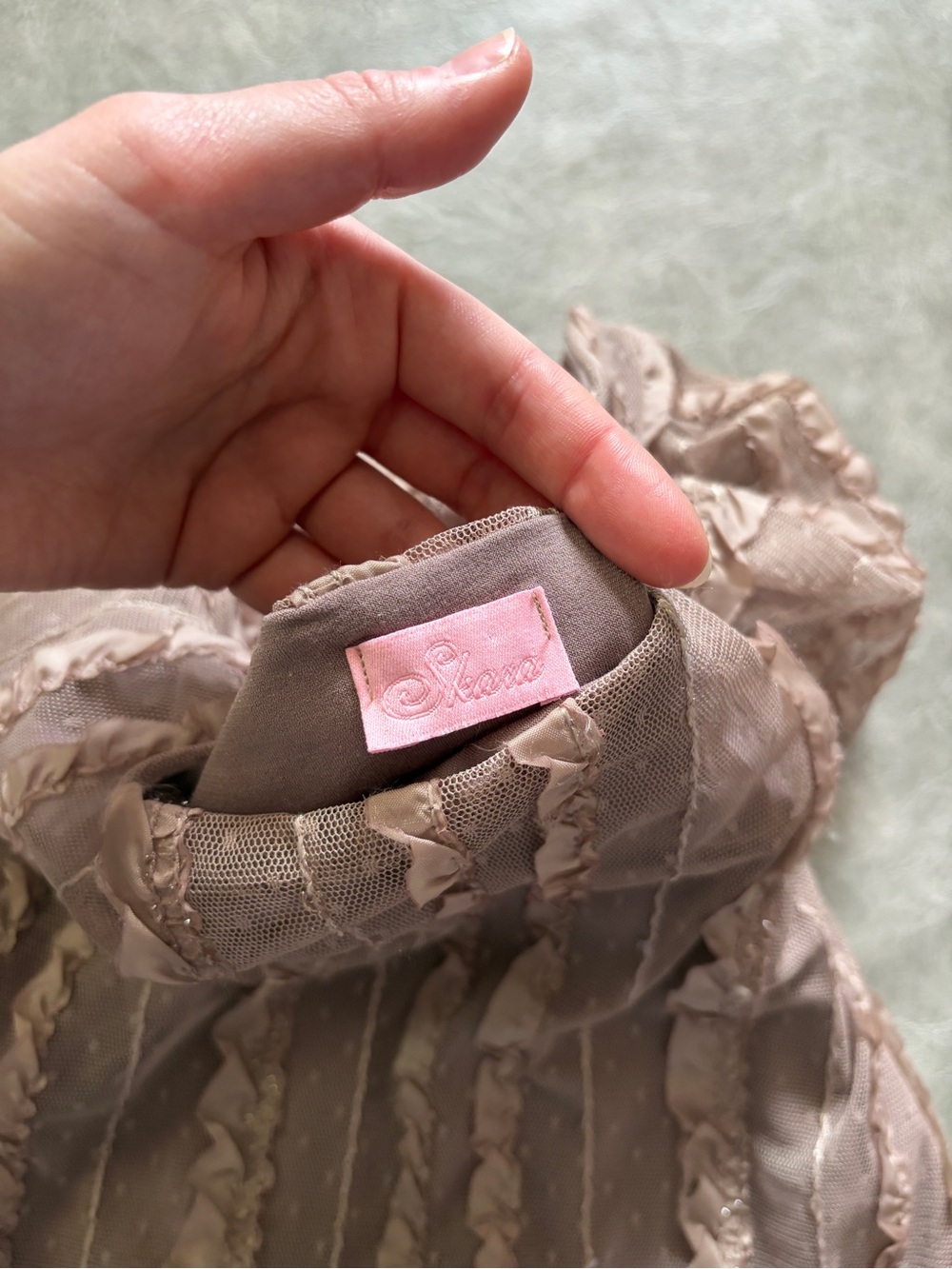 Y2K Light Brown Fairycore Puff Sleeve Swiss Dot Ruffle Lace Top - Picture 8 of 11